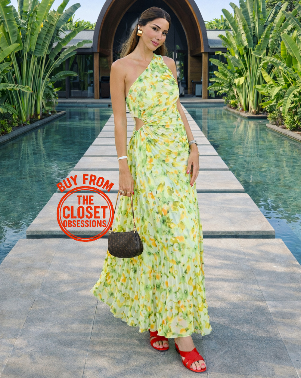MANGO One Shoulder Floral Pleated Midi Dress NWT Wedding Guest Resort